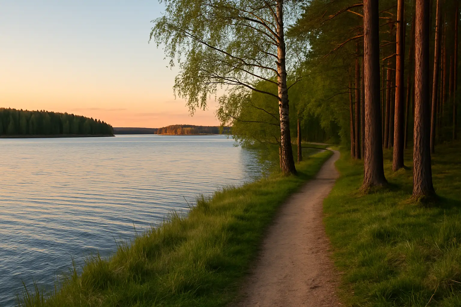 Järvenrantapolku, vaalea ruoho, sininen vesi ja lämmin ilta vastarannalla